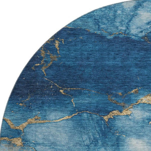 HomeRoots 8' Navy Blue and Gold Abstract Rug - Washable, UV-Protected, Non-Slip Design for Modern Spaces 701494