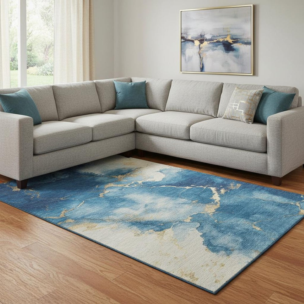 HomeRoots 8' X 10' Navy Blue and Gold Abstract Area Rug - Washable, UV-Protected, Modern Design for High Traffic Areas 701495