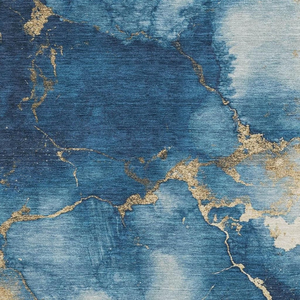 HomeRoots 8' X 10' Navy Blue and Gold Abstract Area Rug - Washable, UV-Protected, Modern Design for High Traffic Areas 701495