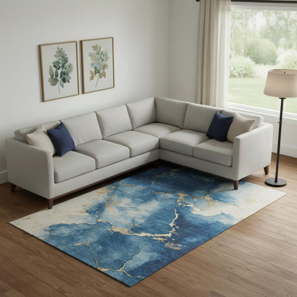 HomeRoots 9' X 12' Navy Blue & Gold Abstract Area Rug - Washable, UV Protected, Durable for Modern Living Spaces 701496