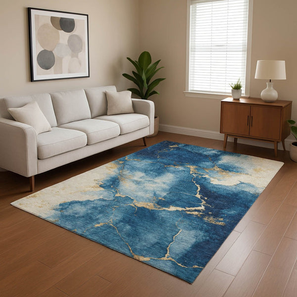 HomeRoots 9' X 12' Navy Blue & Gold Abstract Area Rug - Washable, UV Protected, Durable for Modern Living Spaces 701496