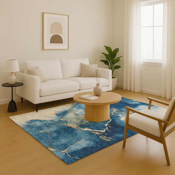 HomeRoots 9' X 12' Navy Blue & Gold Abstract Area Rug - Washable, UV Protected, Durable for Modern Living Spaces 701496
