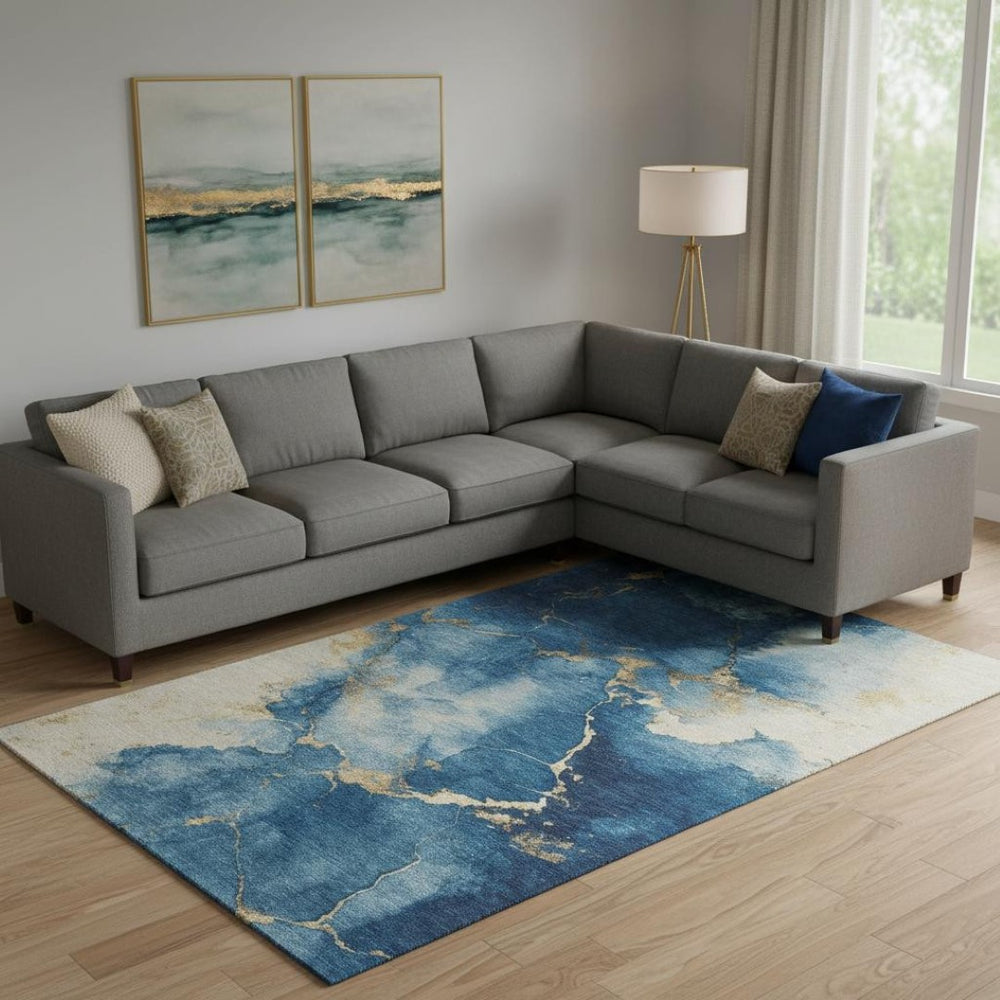 HomeRoots 10' X 14' Navy Blue & Gold Abstract Area Rug - Durable, Stain-Resistant, UV-Protected for Modern Homes! 701497