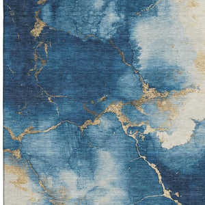 HomeRoots 10' X 14' Navy Blue & Gold Abstract Area Rug - Durable, Stain-Resistant, UV-Protected for Modern Homes! 701497