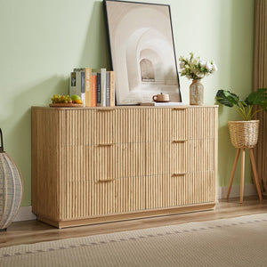 English Elm 6 Drawers Dresser Stylish 55" Wide Curved Wave Chest with Ample Storage, Sturdy Top for TV Use Oak W1820P324617