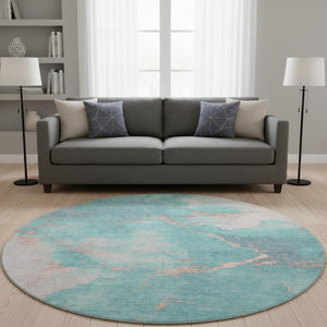 HomeRoots 8' Teal and Peach Abstract Washable Round Rug - Durable, UV-Protected, Perfect for High-Traffic Spaces! 701500