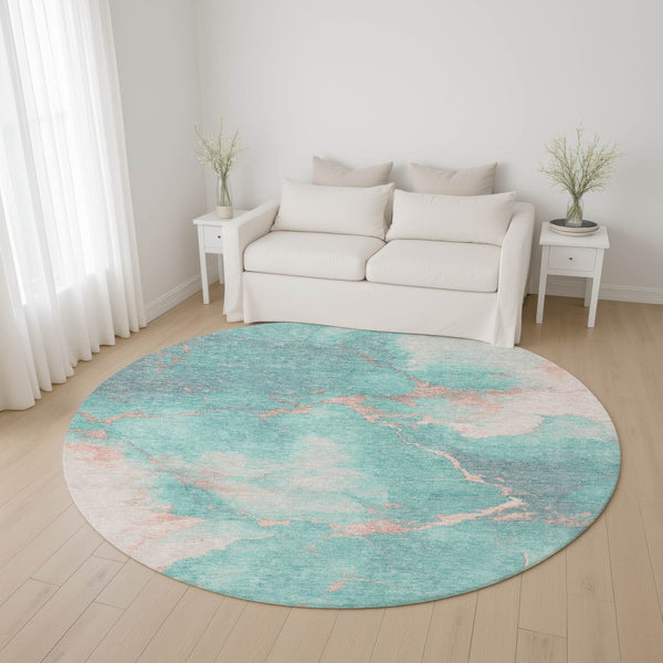 HomeRoots 8' Teal and Peach Abstract Washable Round Rug - Durable, UV-Protected, Perfect for High-Traffic Spaces! 701500