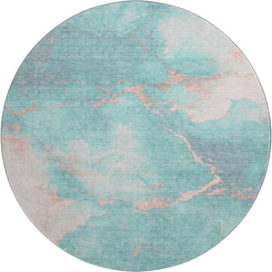 HomeRoots 8' Teal and Peach Abstract Washable Round Rug - Durable, UV-Protected, Perfect for High-Traffic Spaces! 701500
