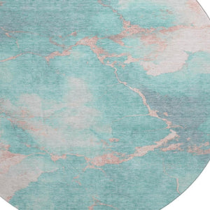 HomeRoots 8' Teal and Peach Abstract Washable Round Rug - Durable, UV-Protected, Perfect for High-Traffic Spaces! 701500