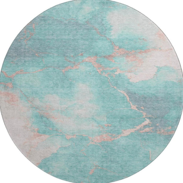 HomeRoots 8' Teal and Peach Abstract Washable Round Rug - Durable, UV-Protected, Perfect for High-Traffic Spaces! 701500