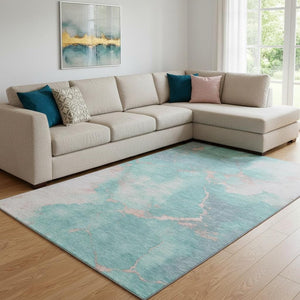 HomeRoots 8' X 10' Stylish Teal and Peach Abstract Washable Area Rug - Durable, UV-Protected, Non-Slip Design 701501
