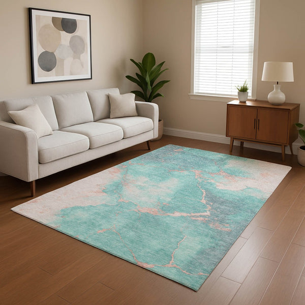 HomeRoots 8' X 10' Stylish Teal and Peach Abstract Washable Area Rug - Durable, UV-Protected, Non-Slip Design 701501
