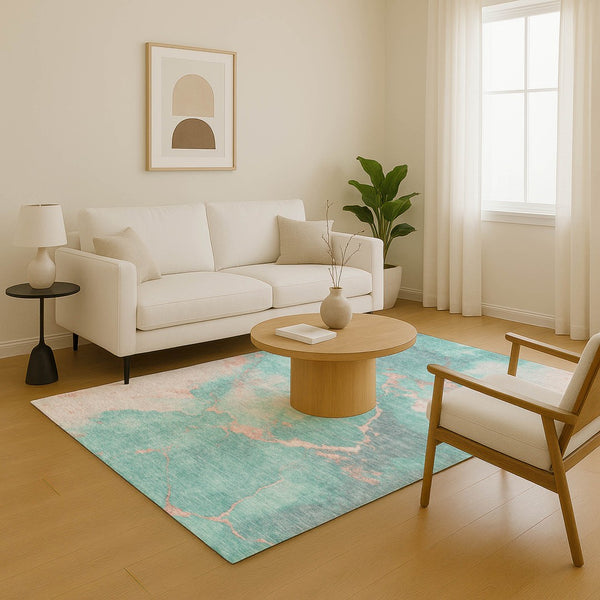 HomeRoots 8' X 10' Stylish Teal and Peach Abstract Washable Area Rug - Durable, UV-Protected, Non-Slip Design 701501