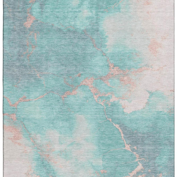 HomeRoots 8' X 10' Stylish Teal and Peach Abstract Washable Area Rug - Durable, UV-Protected, Non-Slip Design 701501
