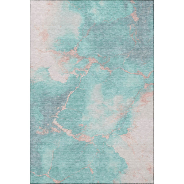 HomeRoots 8' X 10' Stylish Teal and Peach Abstract Washable Area Rug - Durable, UV-Protected, Non-Slip Design 701501
