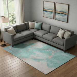 HomeRoots 9' X 12' Teal and Peach Abstract Washable Area Rug - Stain Resistant, UV Protected & Non-Slip Design 701502
