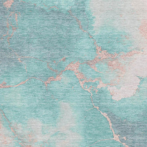 HomeRoots 9' X 12' Teal and Peach Abstract Washable Area Rug - Stain Resistant, UV Protected & Non-Slip Design 701502