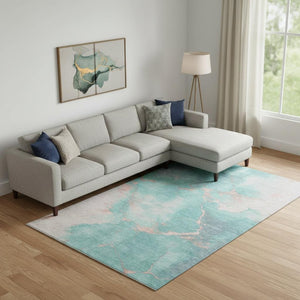 HomeRoots 10' X 14' Teal & Peach Abstract Area Rug - Washable, UV-Protected, Stain-Resistant for Busy Homes 701503