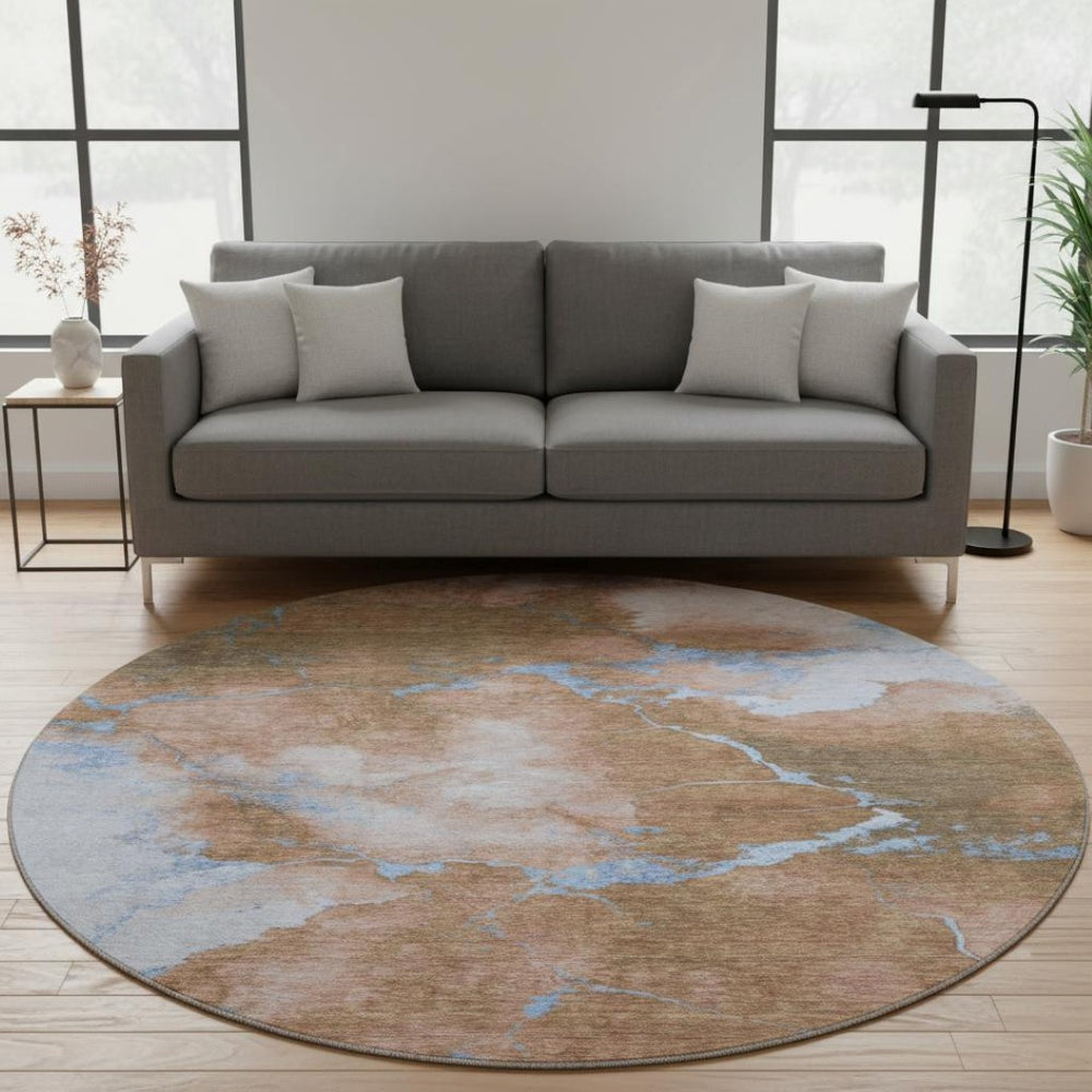 HomeRoots 8' Terra Cotta & Blue Abstract Round Rug - Washable, UV Protected, Durable for Easy Care Living Spaces 701506