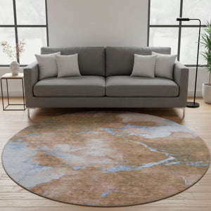 HomeRoots 8' Terra Cotta & Blue Abstract Round Rug - Washable, UV Protected, Durable for Easy Care Living Spaces 701506