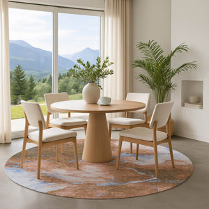 HomeRoots 8' Terra Cotta & Blue Abstract Round Rug - Washable, UV Protected, Durable for Easy Care Living Spaces 701506