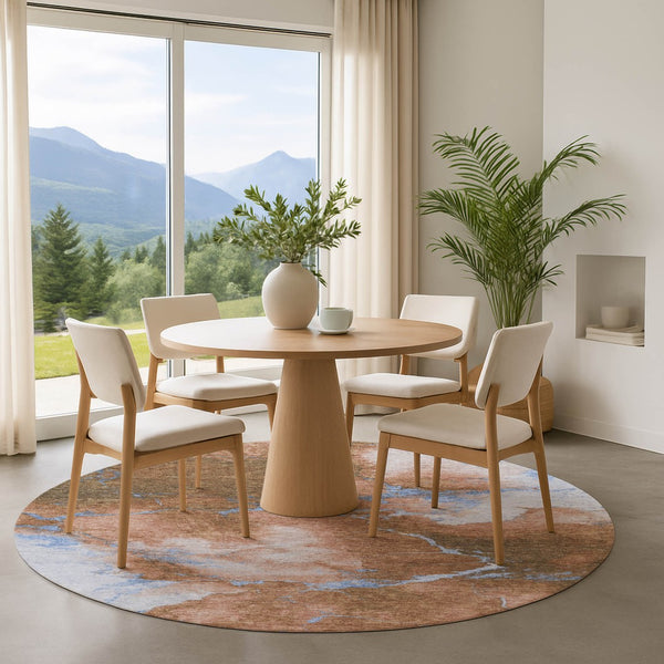HomeRoots 8' Terra Cotta & Blue Abstract Round Rug - Washable, UV Protected, Durable for Easy Care Living Spaces 701506