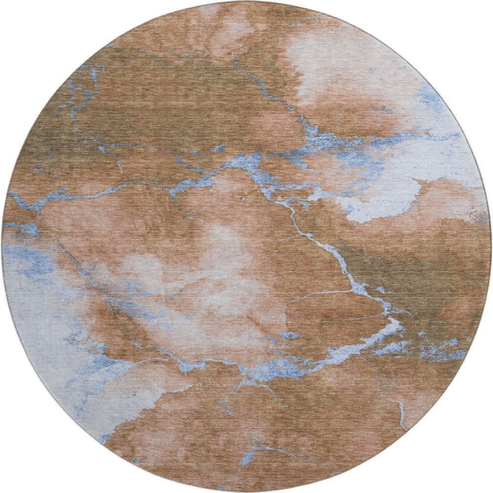 HomeRoots 8' Terra Cotta & Blue Abstract Round Rug - Washable, UV Protected, Durable for Easy Care Living Spaces 701506