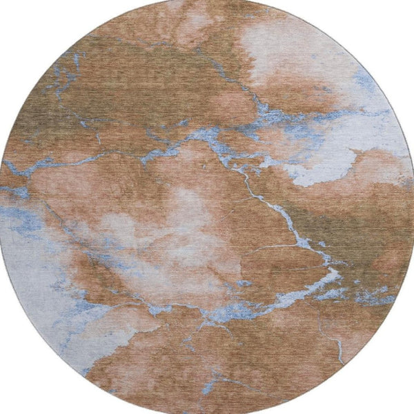 HomeRoots 8' Terra Cotta & Blue Abstract Round Rug - Washable, UV Protected, Durable for Easy Care Living Spaces 701506
