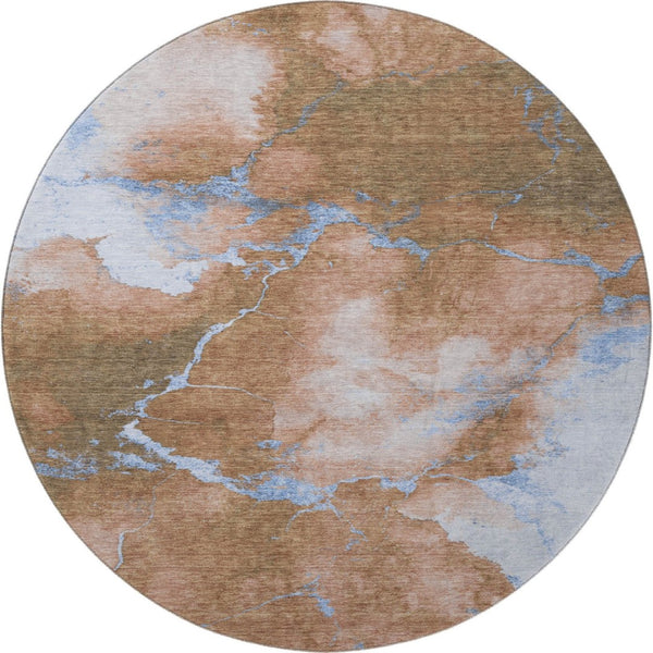 HomeRoots 8' Terra Cotta & Blue Abstract Round Rug - Washable, UV Protected, Durable for Easy Care Living Spaces 701506