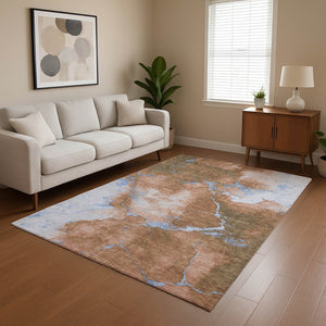 HomeRoots 10' X 14' Stylish Terra Cotta & Blue Abstract Washable Area Rug with UV Protection & Stain Resistance 701509