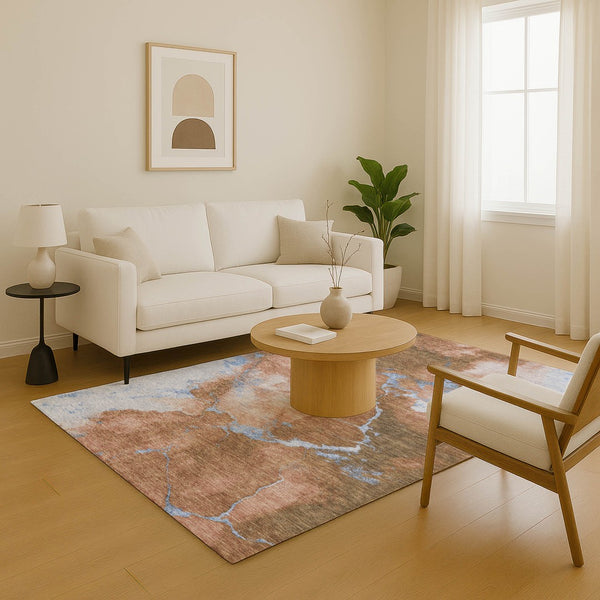 HomeRoots 10' X 14' Stylish Terra Cotta & Blue Abstract Washable Area Rug with UV Protection & Stain Resistance 701509