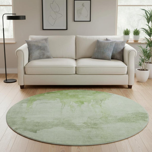 HomeRoots 8' Artichoke Green and Ivory Abstract Round Rug - Washable, UV-Protected, Non-Slip for Everyday Use 701512