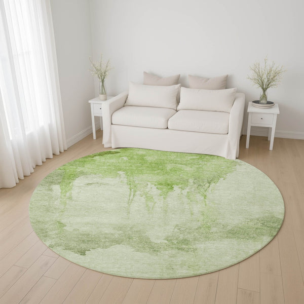 HomeRoots 8' Artichoke Green and Ivory Abstract Round Rug - Washable, UV-Protected, Non-Slip for Everyday Use 701512