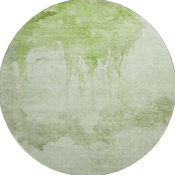 HomeRoots 8' Artichoke Green and Ivory Abstract Round Rug - Washable, UV-Protected, Non-Slip for Everyday Use 701512