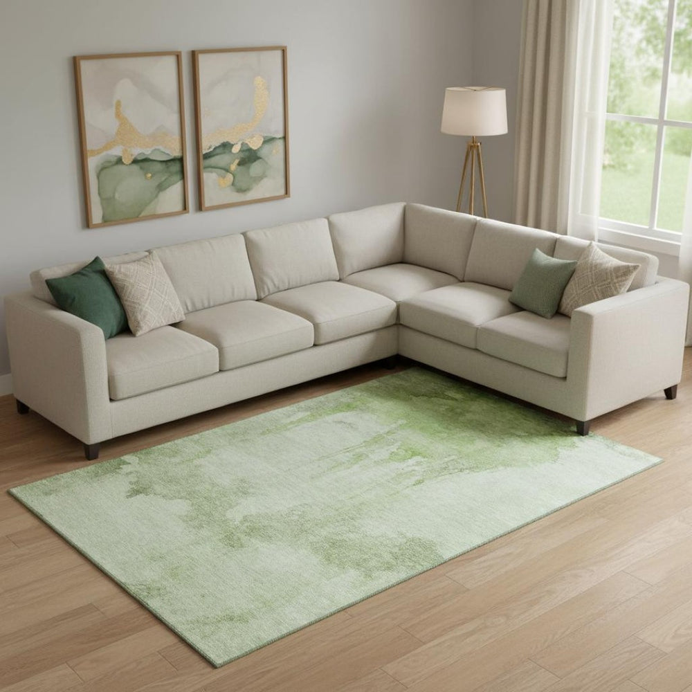 HomeRoots 9' X 12' Artichoke Green Abstract Area Rug - Washable, UV-Protected, Soft & Stain-Resistant Design 701514