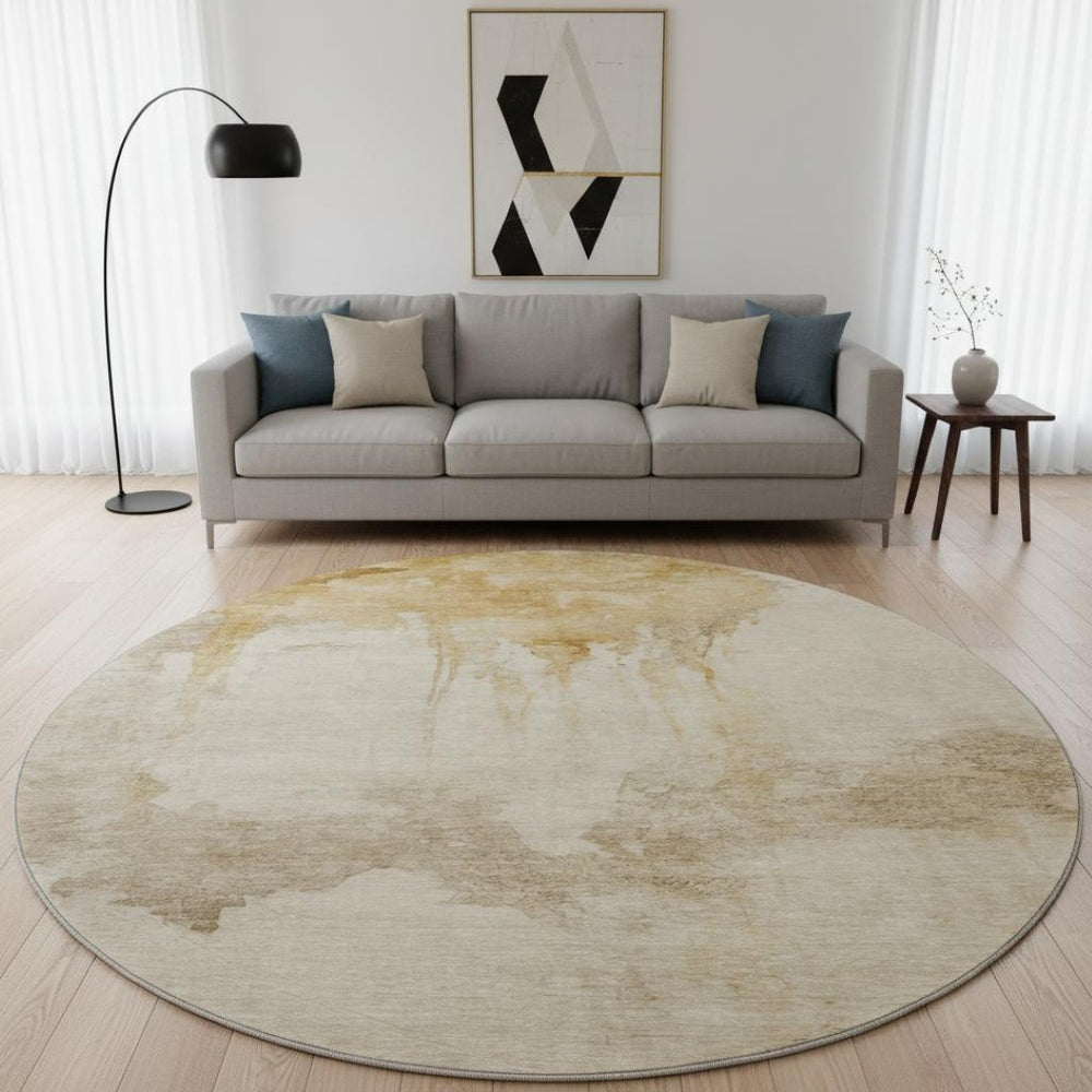 HomeRoots 8' Gold and Beige Abstract Washable Round Rug - Stylish, Durable, UV-Protected for Homes & Patios 701518