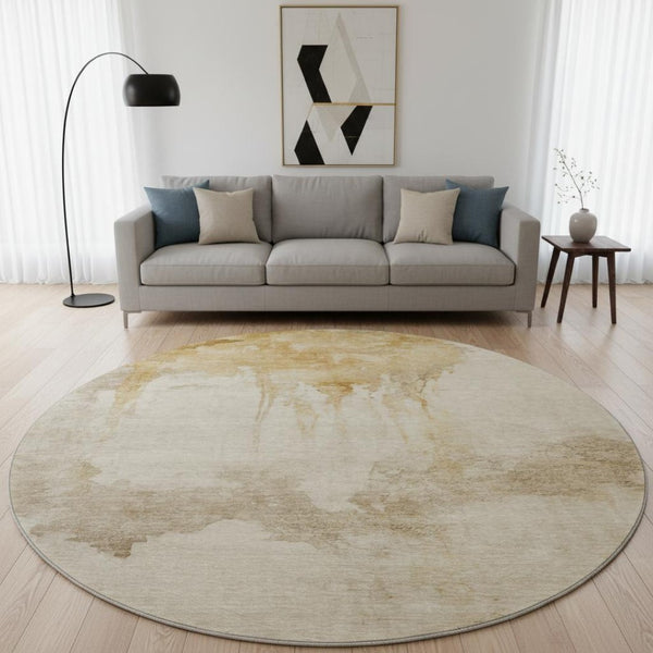 HomeRoots 8' Gold and Beige Abstract Washable Round Rug - Stylish, Durable, UV-Protected for Homes & Patios 701518