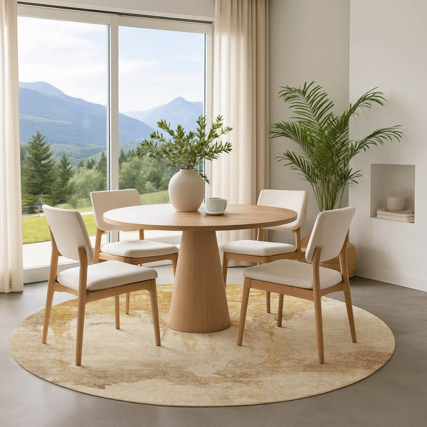 HomeRoots 8' Gold and Beige Abstract Washable Round Rug - Stylish, Durable, UV-Protected for Homes & Patios 701518