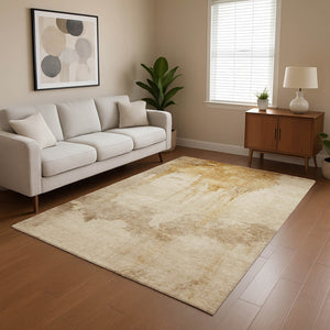 HomeRoots 10' X 14' Gold And Beige Abstract Area Rug - Durable, Washable, UV-Protected for Modern Homes 701521