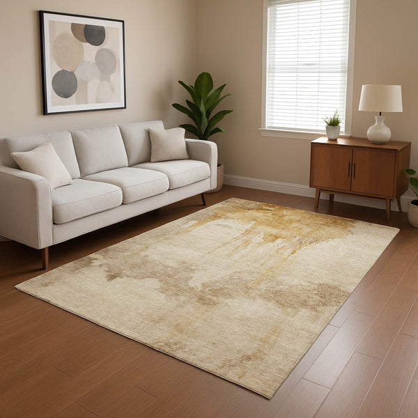 HomeRoots 10' X 14' Gold And Beige Abstract Area Rug - Durable, Washable, UV-Protected for Modern Homes 701521