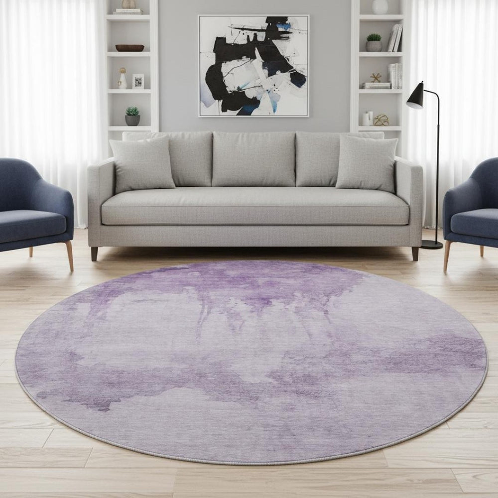 HomeRoots 8' Lavender & Purple Abstract Washable Round Rug - UV Protected, Stain Resistant, Non-Slip Backing 701524