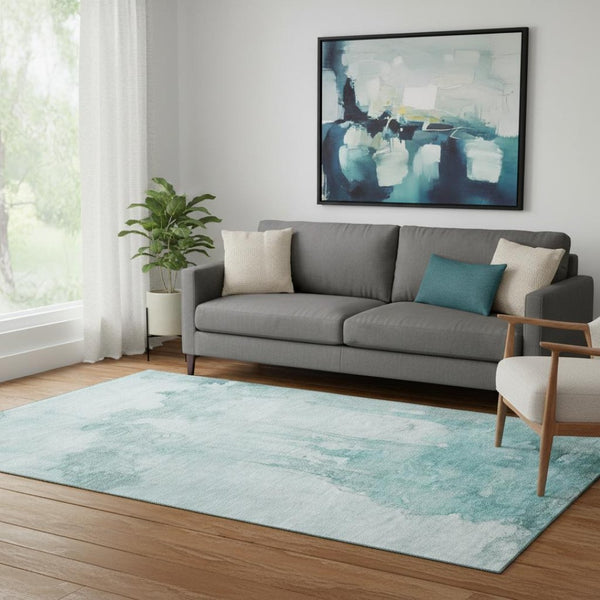 HomeRoots 5' X 8' Teal and Aqua Abstract Area Rug - Washable, UV Protected, Durable for Indoor & Outdoor Use! 701529
