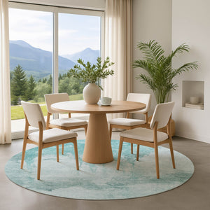 HomeRoots 8' Teal and Aqua Abstract Round Rug - Washable, UV Resistant, Modern Design for Vibrant Spaces 701530