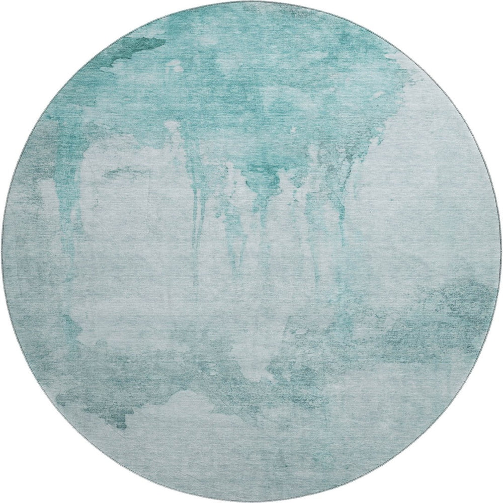 HomeRoots 8' Teal and Aqua Abstract Round Rug - Washable, UV Resistant, Modern Design for Vibrant Spaces 701530