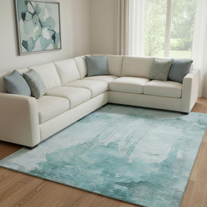 HomeRoots 8' X 10' Teal & Aqua Abstract Washable Area Rug - UV Protected, Stain-Resistant, Modern Design! 701531