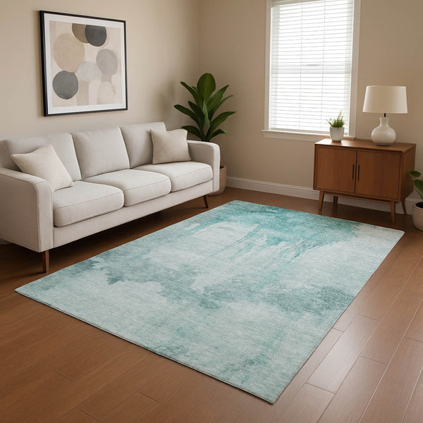 HomeRoots 10' X 14' Teal And Aqua Abstract Washable Area Rug - Stylish, Durable & UV-Protected for Any Space 701533