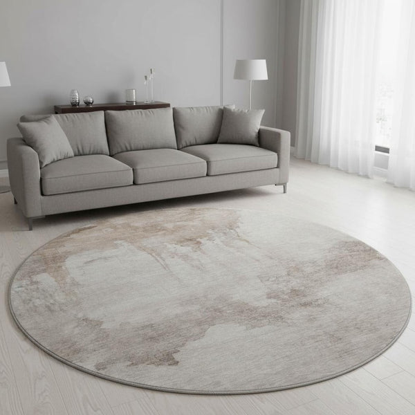 HomeRoots 8' Taupe and Beige Abstract Washable Round Rug – Soft, Stylish, and Easy-Care with UV Protection! 701536