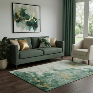 HomeRoots 5' X 8' Vibrant Emerald and Gold Abstract Washable Area Rug with UV Protection for Modern Homes 701541