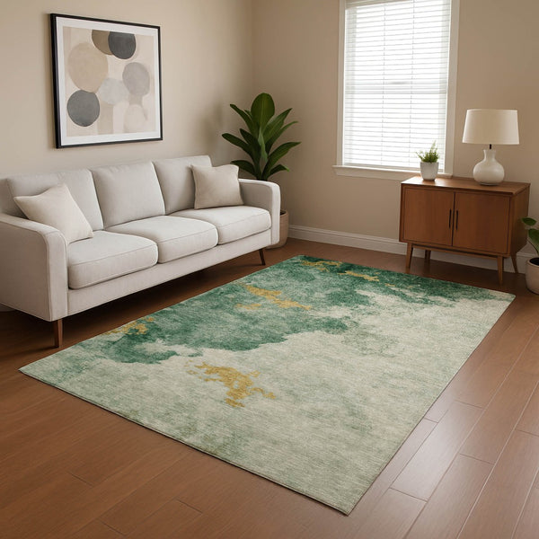 HomeRoots 5' X 8' Vibrant Emerald and Gold Abstract Washable Area Rug with UV Protection for Modern Homes 701541