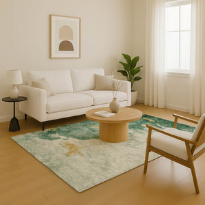 HomeRoots 5' X 8' Vibrant Emerald and Gold Abstract Washable Area Rug with UV Protection for Modern Homes 701541